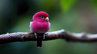 Pink-headed fruit dove perched on branch against blurred green background, vibrant magenta plumage and dark beak create striking natural contrast in wildlife photography.
