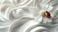 Red ladybug resting on white daisy flower against soft flowing silk fabric background creating elegant nature composition with gentle curves and folds.