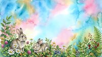 Watercolor spring meadow with cute rabbits among wildflowers and ferns on pastel rainbow background for Easter greeting cards and seasonal designs.