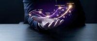 Businessman hand holding glowing digital network with data analytics charts and financial graphs for business intelligence and technology solutions.
