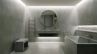 Modern minimalist bathroom interior with marble walls, floating vanity, round mirror, and ambient LED lighting creating luxurious spa atmosphere.