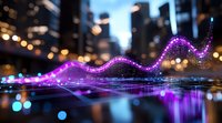 Glowing purple wave visualization with sparkles floating above reflective surface against blurred urban nighttime cityscape with bokeh lights and skyscrapers background.