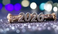 Glittering silver numbers 2026 on rustic wood branch against blurred bokeh lights background creating festive new year celebration atmosphere.