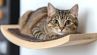 Tabby cat with bright yellow eyes resting on curved wooden wall-mounted cat shelf against blurred background, looking directly at camera with alert expression.