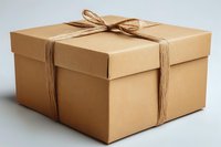 Kraft paper gift box with natural twine bow tied around on white background, minimalist packaging design for presents and special occasions.