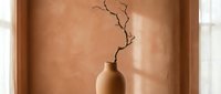 Minimalist terracotta vase with bare branch arrangement on neutral background, suitable for home decor, interior design, and lifestyle photography projects.