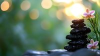 Zen spa stones balanced with pink flowers and green bamboo against soft bokeh background for wellness meditation and relaxation therapy treatments.