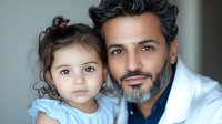 Middle Eastern father in white medical coat with young daughter in blue dress, close-up portrait showing caring family bond and healthcare profession.