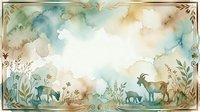 Watercolor wildlife frame with safari animals including elephants, giraffes, and antelopes surrounded by botanical elements and ornate border, isolated on white background for design projects.