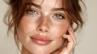 Young woman with freckles and natural makeup touching face in soft lighting. Beauty skincare portrait with glowing complexion and messy hair bun style.