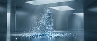 Glowing particles cascade downward in a modern minimalist space with sleek concrete walls and skylights, creating an ethereal digital transformation effect.