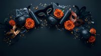 Dark elegant gift boxes with orange roses and golden confetti arranged in decorative arch composition for luxury celebration and special occasions.
