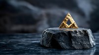 Golden geometric pyramid sculpture balanced on dark stone surface with dramatic lighting and moody atmospheric background for luxury design concepts.