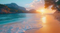 Tranquil sunset beach scene with gentle waves washing onto golden sand, dramatic mountain cliffs, and turquoise water reflecting warm evening light.
