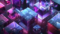 Futuristic geometric cubes with glowing neon lights in purple and blue colors create abstract technological landscape with luminous grid patterns and reflective surfaces.