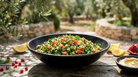 Tabbouleh salad with fresh parsley, tomatoes, and bulgur wheat served in black bowl outdoors in olive grove setting for Mediterranean cuisine and healthy eating content.