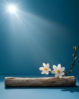 White magnolia flowers on driftwood log against deep blue background with dramatic sunbeam lighting, creating serene natural composition.