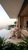 Elegant blonde woman relaxing in modern luxury penthouse with infinity pool overlooking city skyline at sunset for lifestyle and real estate concepts.