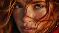 Young redhead woman with freckles and striking green eyes in warm golden light. Natural beauty portrait for fashion and lifestyle projects.