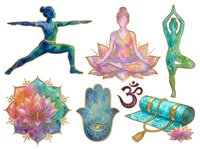 Yoga and meditation practice poses with lotus flowers, hamsa hand, om symbol, and prayer mat isolated on white background, ready for wellness design, fitness apparel, and spiritual artwork applications.
