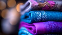 Cozy winter sweaters in vibrant purple and turquoise tones stacked neatly with soft bokeh background, showcasing warm knitted fabric texture and seasonal fashion.
