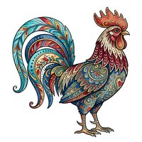 Ornamental rooster with decorative feathers and intricate patterns in turquoise, red, and gold tones. Isolated on white background, ready for design projects, textiles, and clipart applications.