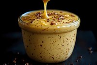 Creamy golden mustard sauce with red pepper flakes being poured into glass bowl on dark background for culinary and cooking applications.