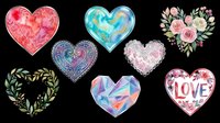 Watercolor heart clipart set with floral, gem, lace, and love designs, isolated on transparent background. Great for stickers, t-shirt design, and print on demand.