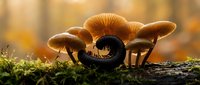 Small brown mushrooms growing on mossy log in warm autumn forest light with golden bokeh background for nature photography and seasonal content.