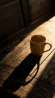 Ceramic mug with warm beverage sitting on wooden floor in sunlight, casting long shadow. Suitable for coffee shop, lifestyle, and morning routine marketing materials.