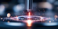 Advanced laser cutting technology with precision beam creating sparks on metal surface in modern industrial manufacturing facility for automation applications.