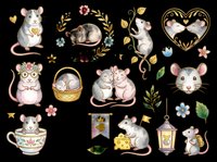 Cute mice collection with floral elements, hearts, and decorative details isolated on transparent background. Ready for t-shirt designs, stickers, clipart, sublimation, print-on-demand products, and craft projects.