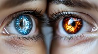Contrasting eyes with magical elements - one eye glowing with icy blue crystal pattern, other burning with fiery orange flames, showing duality concept and fantasy art style.