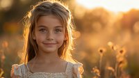 Young Caucasian girl with gentle smile in white lace dress standing in wildflower meadow at golden sunset hour, backlit portrait with soft bokeh and natural rim lighting.