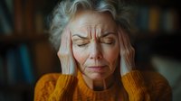 Senior Caucasian woman experiencing headache or stress, holding temples with closed eyes, wearing orange sweater in home library setting for health concepts.