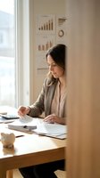 Professional businesswoman working at desk with calculator and financial charts in modern office environment for corporate finance and accounting tasks.