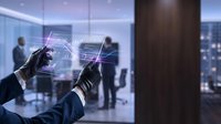 Business professional using futuristic holographic interface technology in modern office environment for digital transformation and innovation.