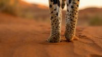 Cheetah paws and legs walking on sandy desert ground during golden hour sunset, showcasing spotted fur pattern and natural wildlife movement in warm light.