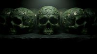 Ornate carved stone skulls with mystical symbols displayed in dramatic dark lighting, suitable for gothic, occult, and fantasy design projects.