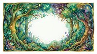 Enchanted forest frame with mystical trees, magical foliage and fantasy creatures creating ornate border on white background for fairy tale designs.