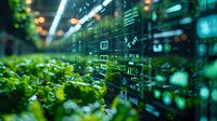 Digital technology interface overlaid on fresh green plants with bokeh lights, representing smart agriculture and environmental monitoring systems.