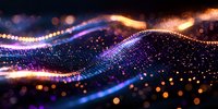 Abstract digital wave of glowing particles with orange and blue light trails flowing on dark background, creating dynamic motion effect for technology designs.