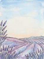 Lavender field landscape with rolling hills and soft watercolor sky in purple, blue and cream tones, suitable for home decor and wellness designs.