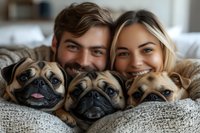 Happy couple lying on bed with three adorable pug dogs, sharing intimate family moment together. Close up portrait showing genuine joy and connection.