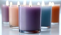 Colorful aromatic candles in glass holders with soft glowing flames, arranged in row showing purple, peach and teal wax colors creating peaceful spa atmosphere.
