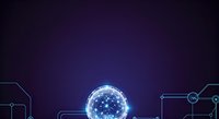Glowing blue sphere with connected network nodes and digital circuit lines on dark background for technology and innovation concepts.