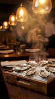 Fresh oysters on ice served on a rustic wooden tray in a warm upscale restaurant with glowing pendant lights and rising steam.