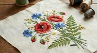 Embroidered wildflower bouquet with red poppies, blue cornflowers, white daisies and green fern on natural linen fabric for handmade crafts and textile art.