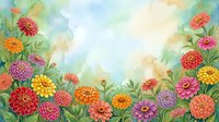Watercolor garden border with colorful zinnia flowers in red, orange, pink, yellow and purple on soft green background with copy space.