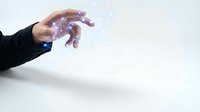 Business hand with glowing purple energy effects and lightning sparks for technology and power concepts on white background.